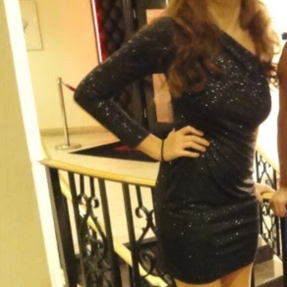 Allen B Schwartz One Shoulder Black Glitter Dress XS Sparkle - Picture 5 of 5